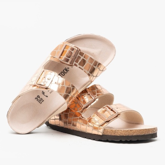 Birkenstock Birks Arizona Gator Gleam Copper Metallic Strap Sandals 40 7 9 NEW